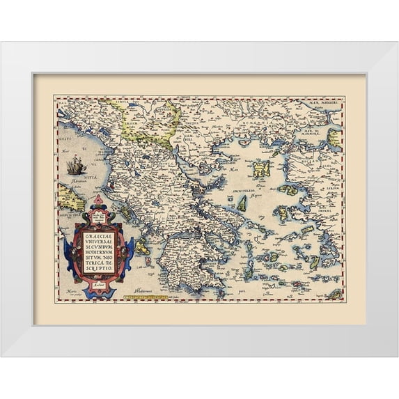 Ortelius 24x19 White Modern Wood Framed Museum Art Print Titled - Hellenic Republic Greece - Ortelius 1606