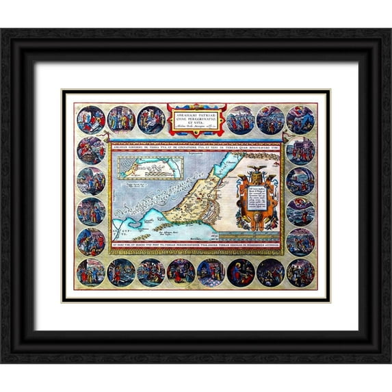 Ortelius 24x20 Black Ornate Wood Framed with Double Matting Museum Art Print Titled - Travels of Abraham Middle East - Ortelius 1570