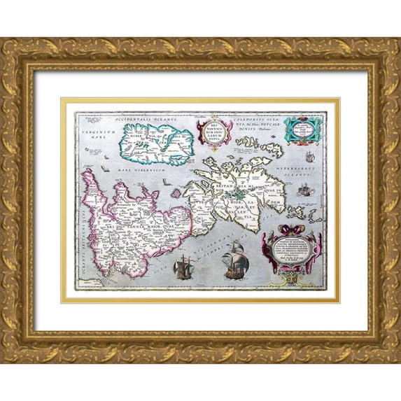 Ortelius 32x24 Gold Ornate Wood Framed with Double Matting Museum Art Print Titled - Ancient Britain United Kingdom - Ortelius 1595