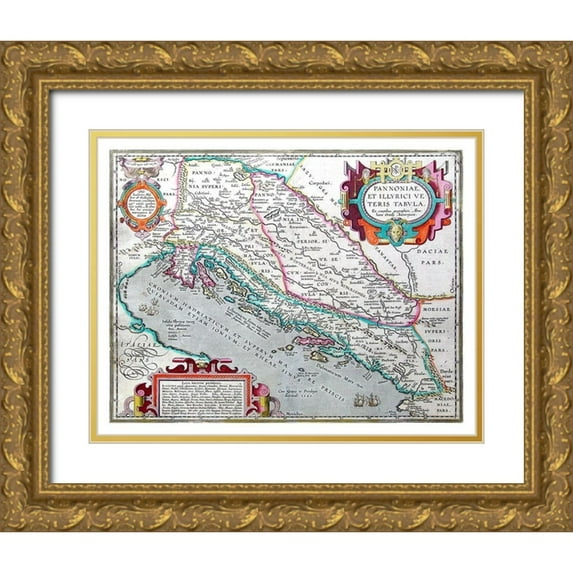 Ortelius 32x26 Gold Ornate Wood Framed with Double Matting Museum Art Print Titled - Europe Pannonia Illyricum - Ortelius 1570