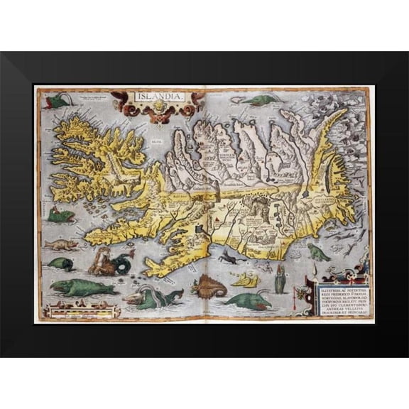 Ortelius, Abraham 24x18 Black Modern Framed Museum Art Print Titled - Hand Colored Map of Iceland