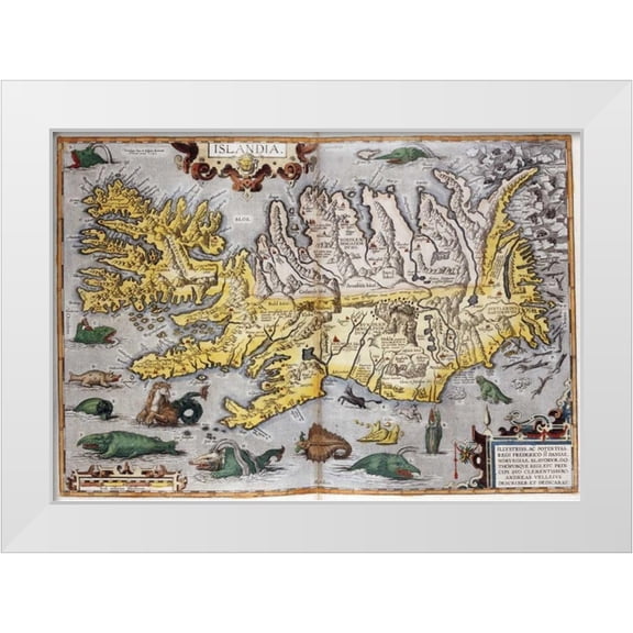 Ortelius, Abraham 24x18 White Modern Wood Framed Museum Art Print Titled - Hand Colored Map of Iceland