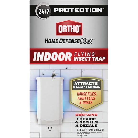 Ortho Home Defense Max Indoor Flying Insect Trap, Light Trap for House Flies, Fruit Flies, and Gnats, 1 Plug-in and 4 Refills