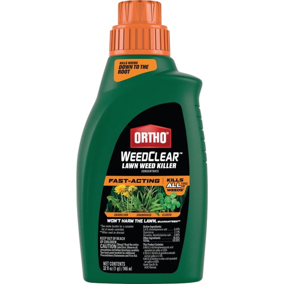 Ortho WeedClear Weed Killer Concentrate-Fast-Acting, Kills Dandelion, Crabgrass and Clover to The Root, Won't Harm Lawns When Used as Directed, 32 oz, Transparent