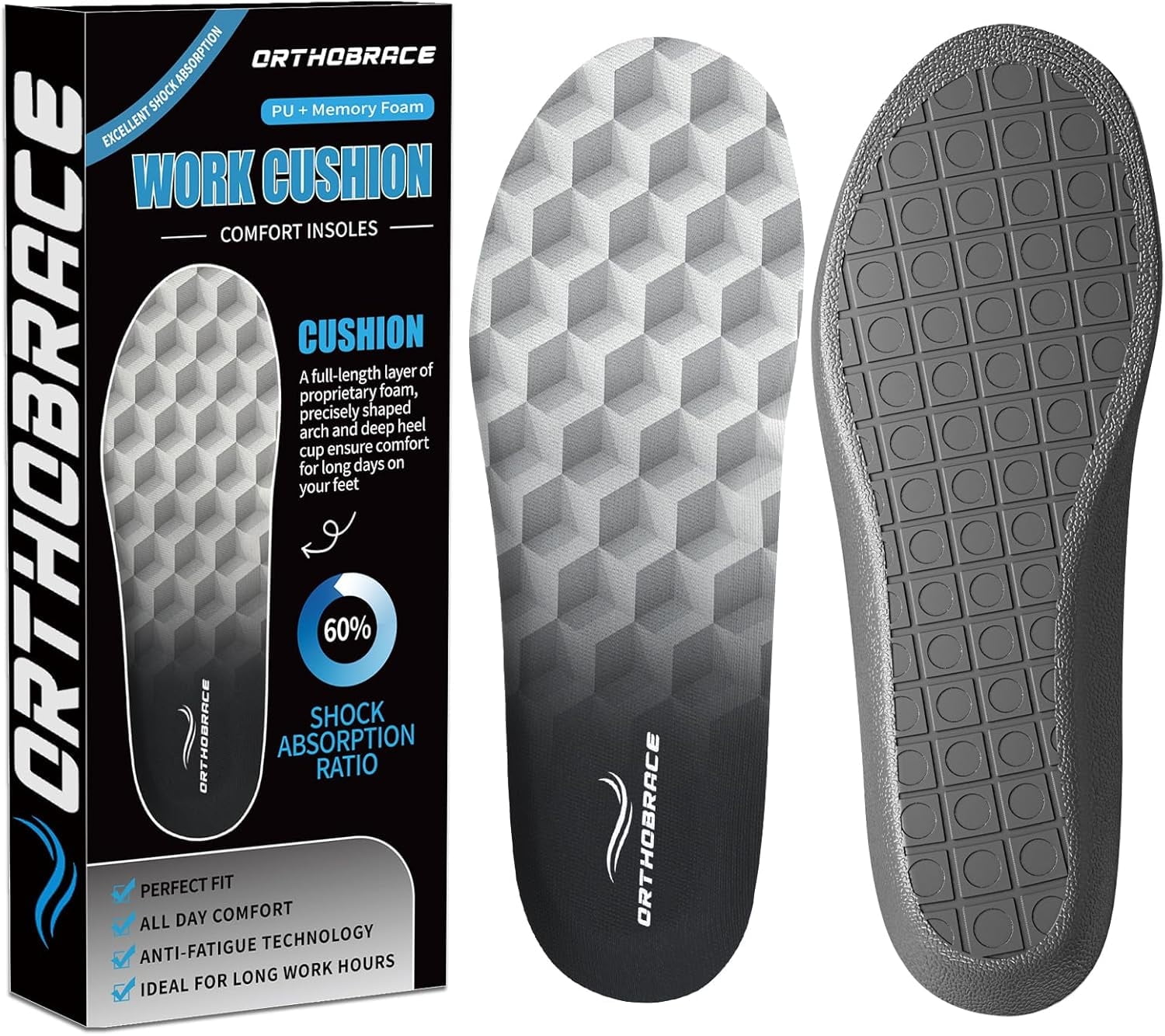Orthobrace Work Cushion Insoles, Anti-Fatigue Inserts for All-Day