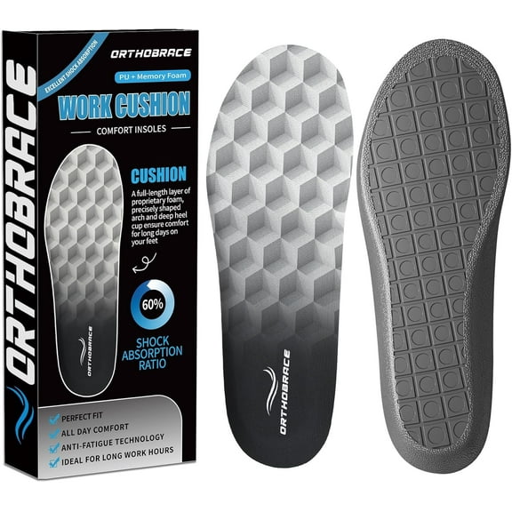 Orthobrace Work Cushion Insoles, Anti-Fatigue Inserts for All-Day Comfort and Shock Absorption, Memory Foam Perfect Fit, Ideal for Long Wear Hours-Dt