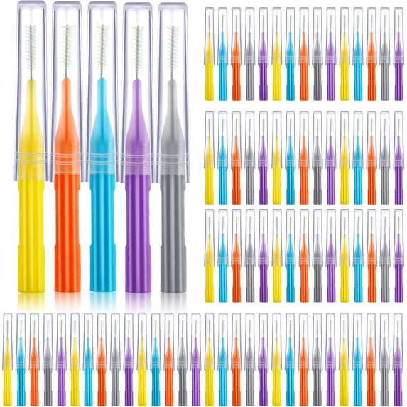Orthodontic Interdental Brush Set, 100 Count Soft Teeth Gap Cleaners with Protective Caps, Multi-Size Dental Picks (Orange and Gray Mix)