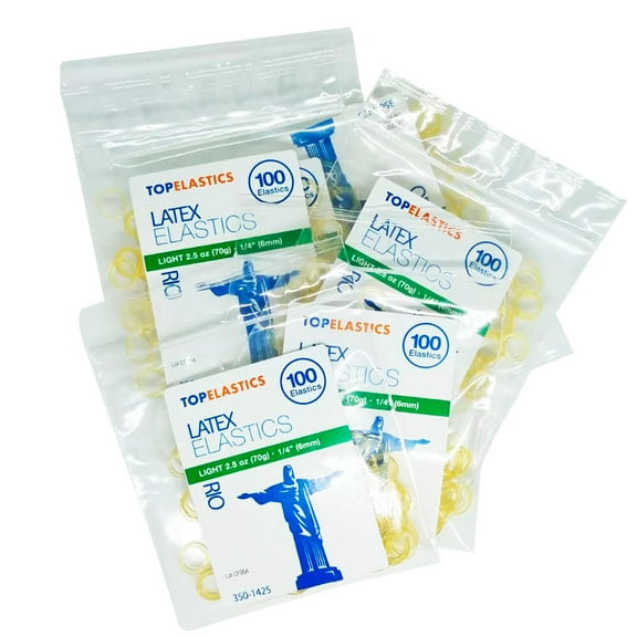 Orthodontic Intraoral Elastic - 50 bag x 100pcs - 1/4” Light 2.5oz - 6mm / Surgical latex RIO, 5000 pcs per box, packaged in resealable poly bags - Made in USA