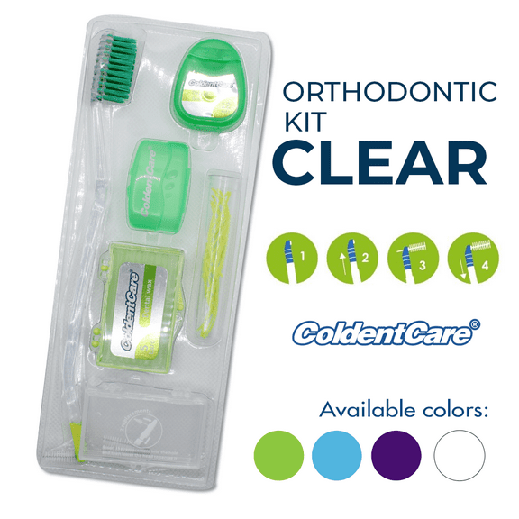 Orthodontic Kit Clear - Oral Care Set with Toothbrush, Protector Cap, Floss 12m, 5 Bars of Wax, 13 Floss Threaders, 3 interdental Brushes with case - Green