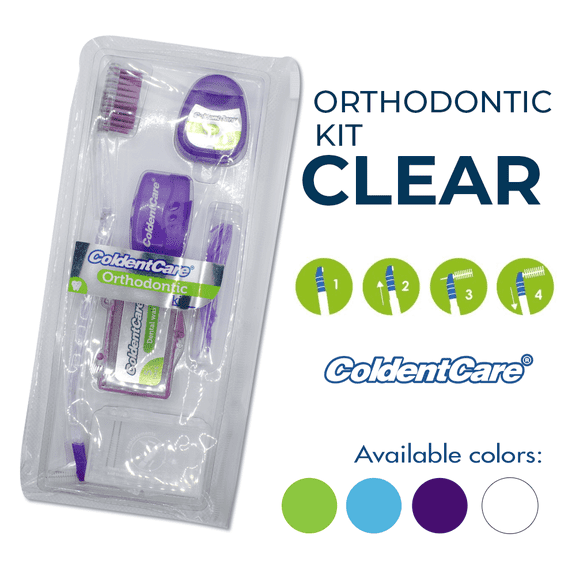 Orthodontic Kit Clear - Oral Care Set with Toothbrush, Protector Cap, Floss 12m, 5 Bars of Wax, 13 Floss Threaders, 3 interdental Brushes with case - Purple