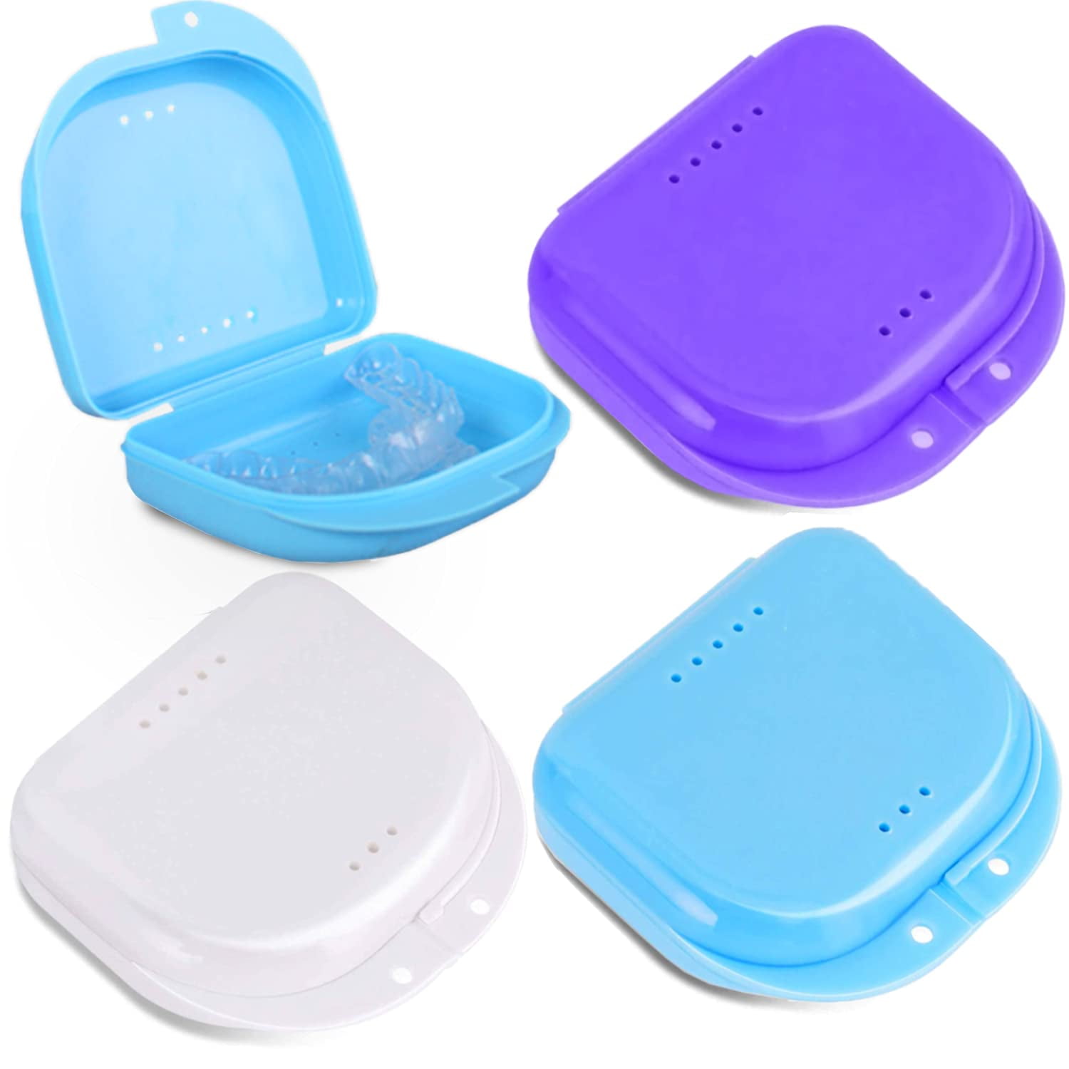 Orthodontic Mouth Guard Case, Set of 3 Retainer Cases with Vent Holes, Cute Denture Case, Snap Lock Retainer Holder (Blue/Purple/White)