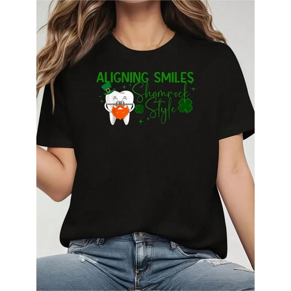 Orthodontist St Patrick's Day Orthodontic Staff Shamrock T-Shirt- 100% Cotton Women's Casual Short Sleeve Crew Neck T-Shirt For All Seasons