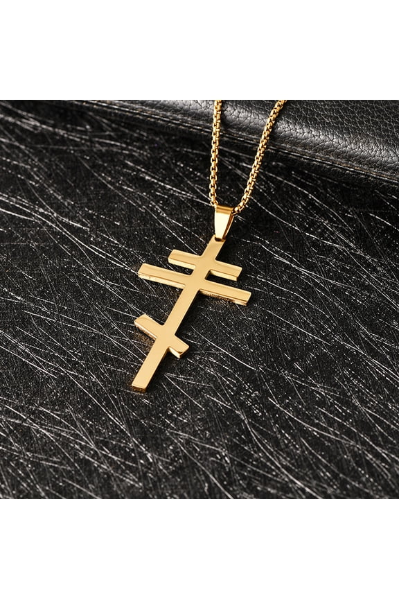 Orthodox Church Cross Pendant 14K Yellow Gold Necklaces for Women Men Slavic Religious Choker Pray Jewelry Gift