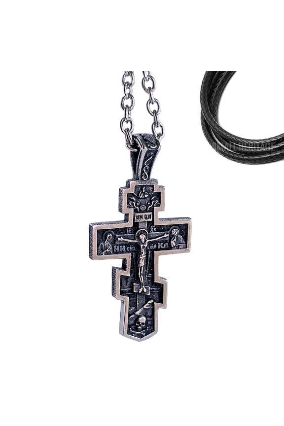 Orthodox Cross Necklace Stainless Steel Slavic Pendant Men Women Rope