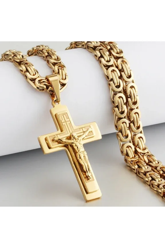 Orthodox Crucifix Jesus Christ Cross Pendant Necklace 14K Yellow Gold Byzantine Chain Necklaces Jewelry for Men
