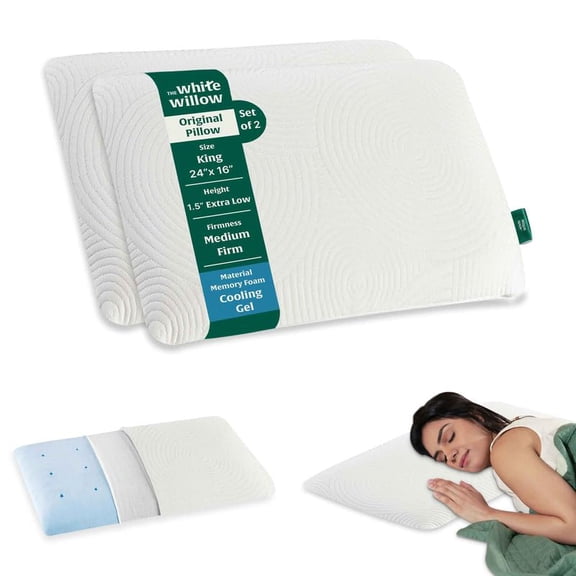 Orthopedic Bed Pillow For Sleeping, Slim Pillow For Neck Pain Relief - XL King Size - 1.5 Inch | Thin Pillow, Cervical Pillow For Neck & Shoulder Pain Relief | Memory Foam Pillow - Set Of 2