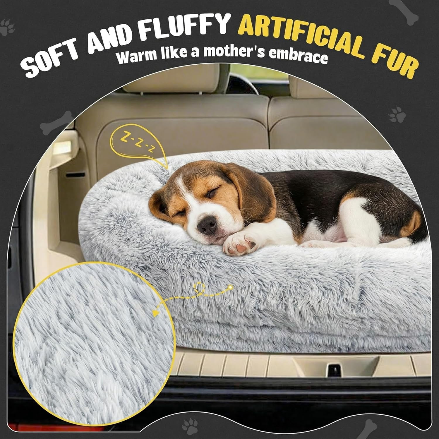 Orthopedic Car Dog Bed for Large Dogs, Waterproof Faux Fur Calming Travel Bed