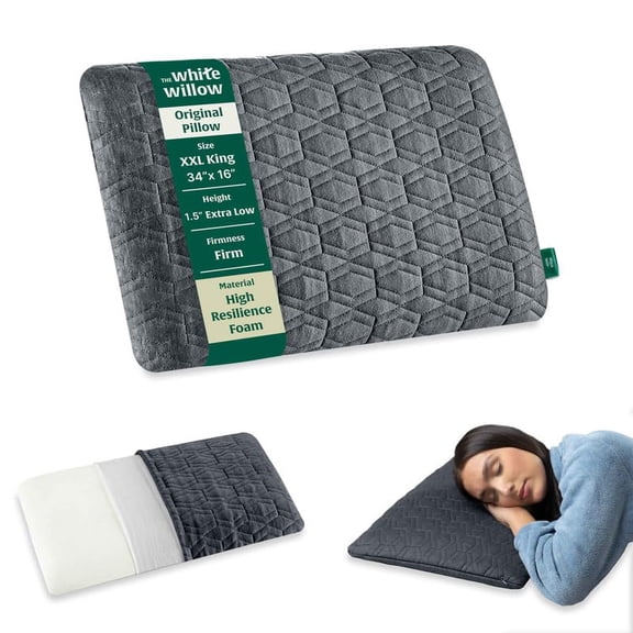 Orthopedic Cervical Pillow, Thin Hard Pillow For Sleeping, Grey, Size - XXL King - 1.5 Inch | Ultra Slim Pillow, For Neck & Shoulder Pain relief - Flat Design, Washable Outer Cover