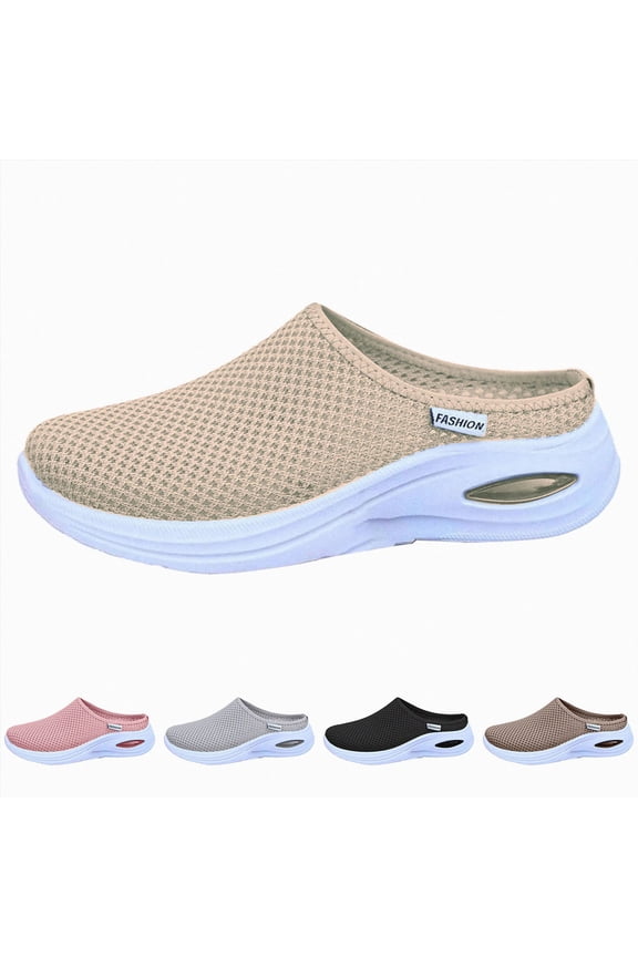 Orthopedic Clogs for Women Stretch Knitted Platform Closed Round Toe Walking Open Back Wedge Heels Casual Mules Sneakers with Arch Support Beige Size 6