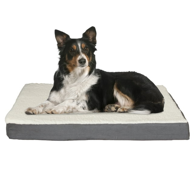 Orthopedic Dog Bed - 2-Layer 36x27-Inch Memory Foam Pet Mattress with Machine-Washable Sherpa Cover for Large Dogs up to 65lbs by PETMAKER (Gray)