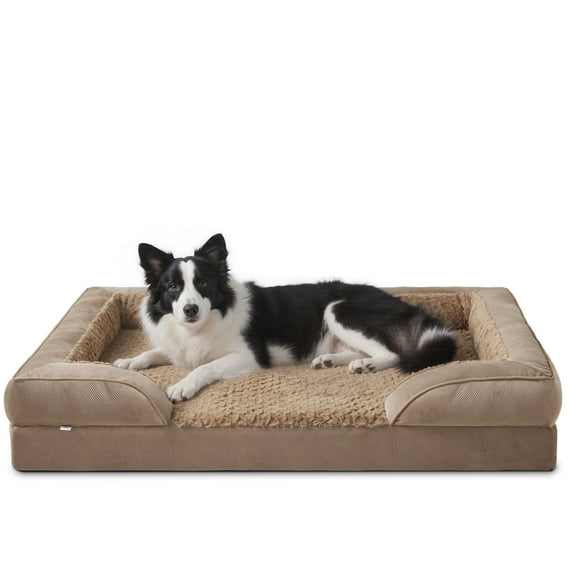 Orthopedic Dog Bed with Cooling Gel Memory Foam, Extra Large Waterproof Pet Sofa Couch with Removable Washable Cover, 42" XL Dutch Velvet Bed Includes Bone Toy, Brown，42in