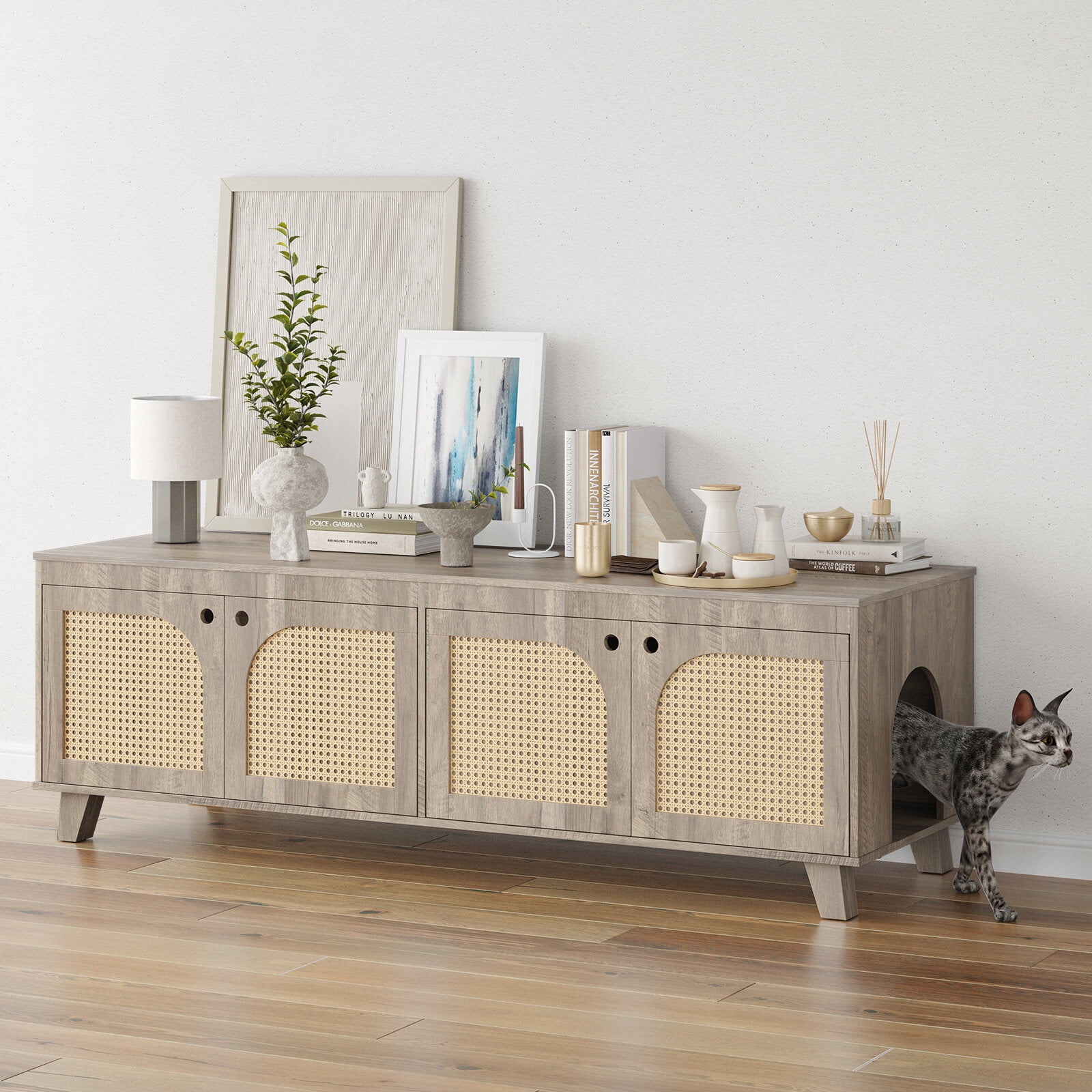 Orthopedic Dog Bed, Double Hidden Cat Litter Box Enclosure Furniture Cabinet with Rattan Decorated Doors for Two Cats, Two Entrances, Grey Dog Bed,Engineered Wood Cat Bed