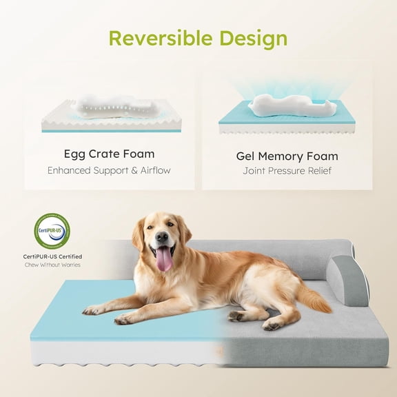 Orthopedic Dog Bed, Extra Large Dog Bed, Dual-Sided Pet Cooling Beds with Memory Foam Washable Cover Nonslip Bottom, Waterproof XLarge Pet Couch Beds with Bolsters, Light Grey