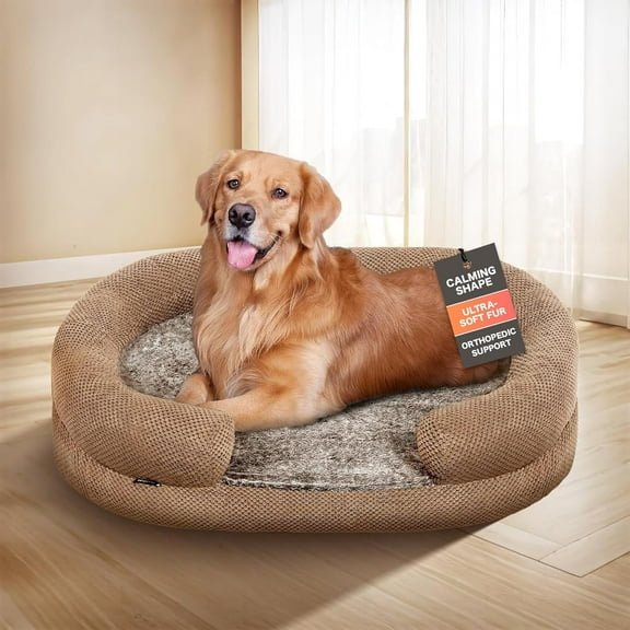 Orthopedic Dog Bed for Extra Large Dogs, Removable Washable Cover, Memory Foam Indestructible Pet Couch for Big Dogs, Sturdy and Cozy Round Bed with Bolstered Sides, Durable Crate Bed, Camel