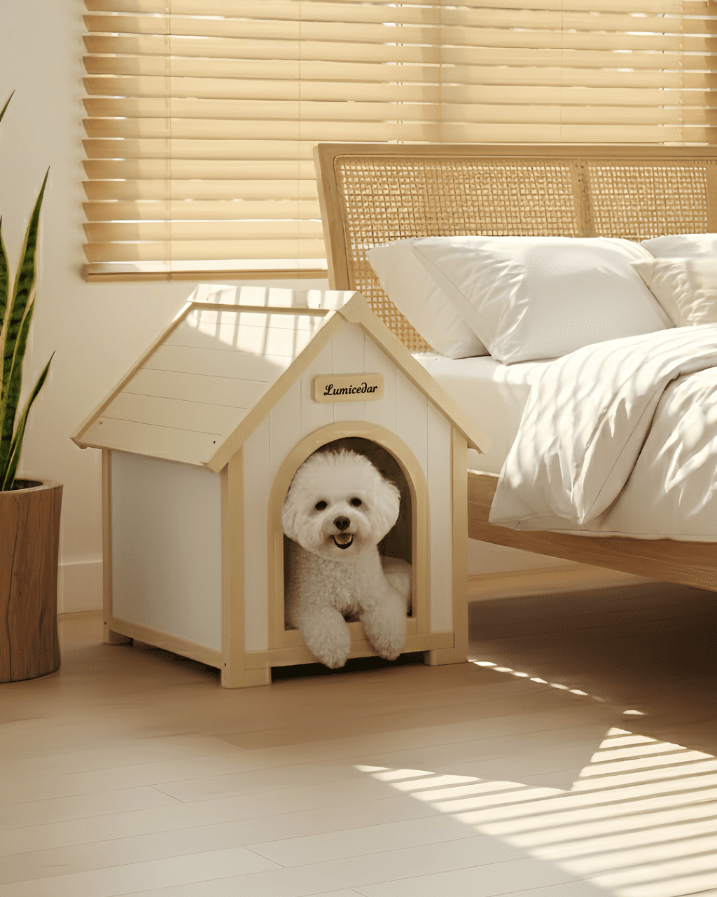 Orthopedic Dog Bed, FSC Solid Cedar Pet House - Cream Yellow Cabin Style Indoor Shelter for Small Dogs & Cats, Creamy White,Light Yellow Dog Bed,Wood Cat Bed, Pet Supplies Pet Beds & Furniture
