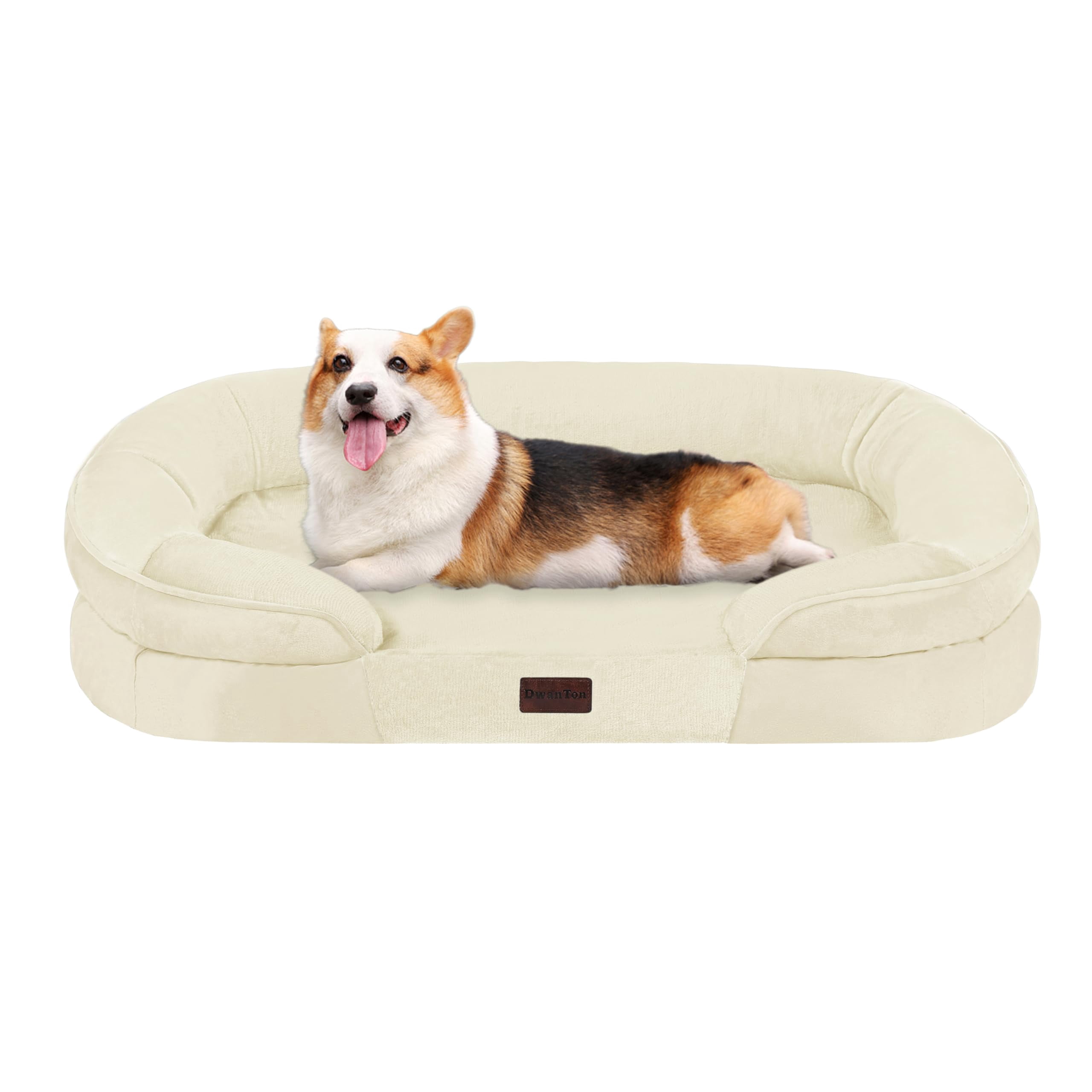Orthopedic Dog Bed Gel Memory Foam Waterproof Sofa Washable Pet Four Sided Bolster Cushion Removable Cover Non-slip Bottom Beige Medium 36 X 25.5 X 6 Inch