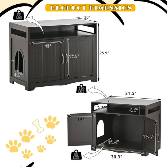 Orthopedic Dog Bed, Litter Box Enclosure, Cat Litter Box Furniture with Hidden Plug, 2 Doors,Indoor Cat Washroom Storage Bench Side Table Cat House, Large Wooden Enclused Litter Box House, Esspresso