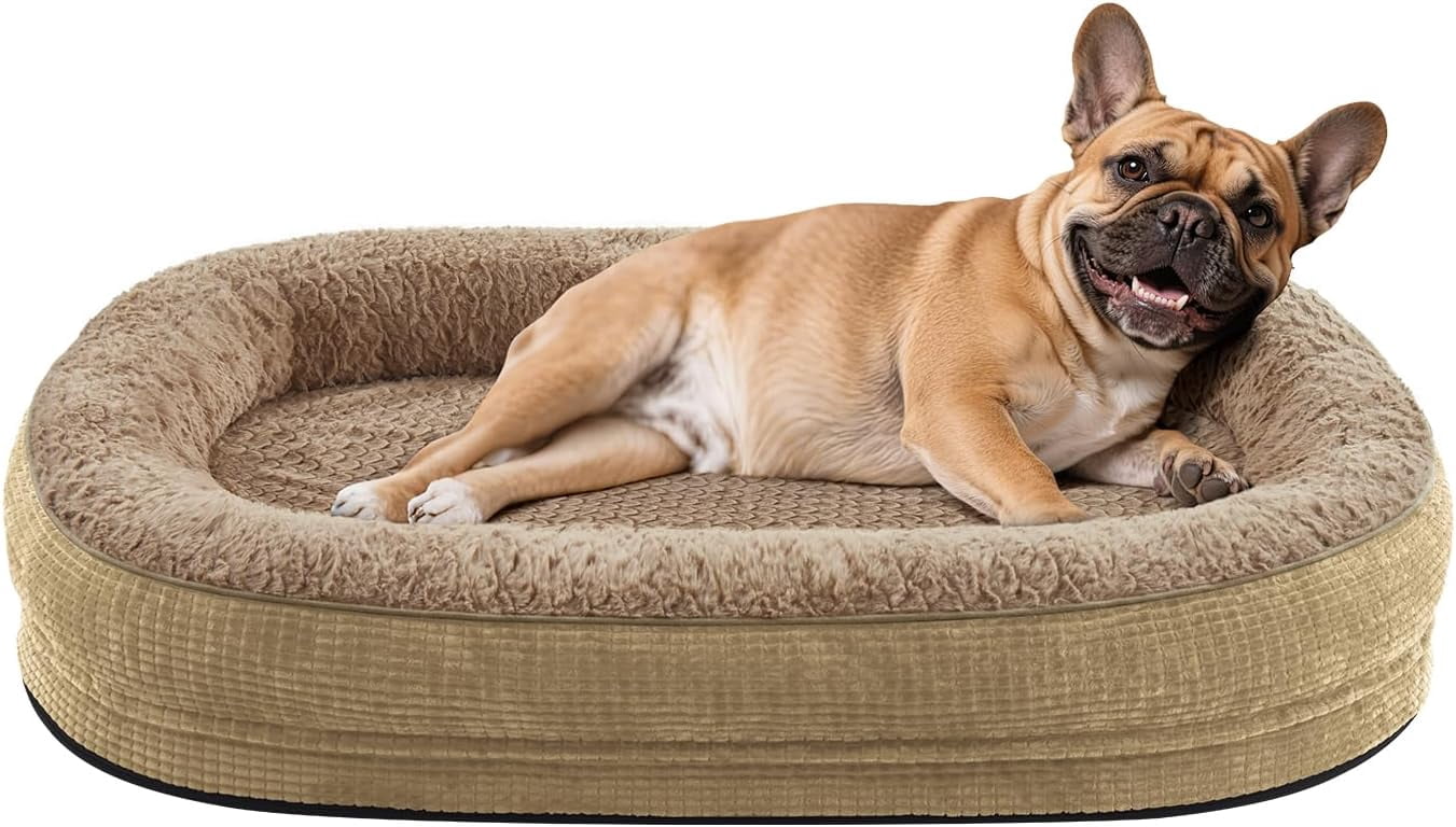 Orthopedic Dog Bed for Medium Dogs, Egg-Crate Memory Foam Pet Bed with Bolster Sides, Waterproof Lining, Removable Washable Cover & Non-Slip Bottom, Light Brown