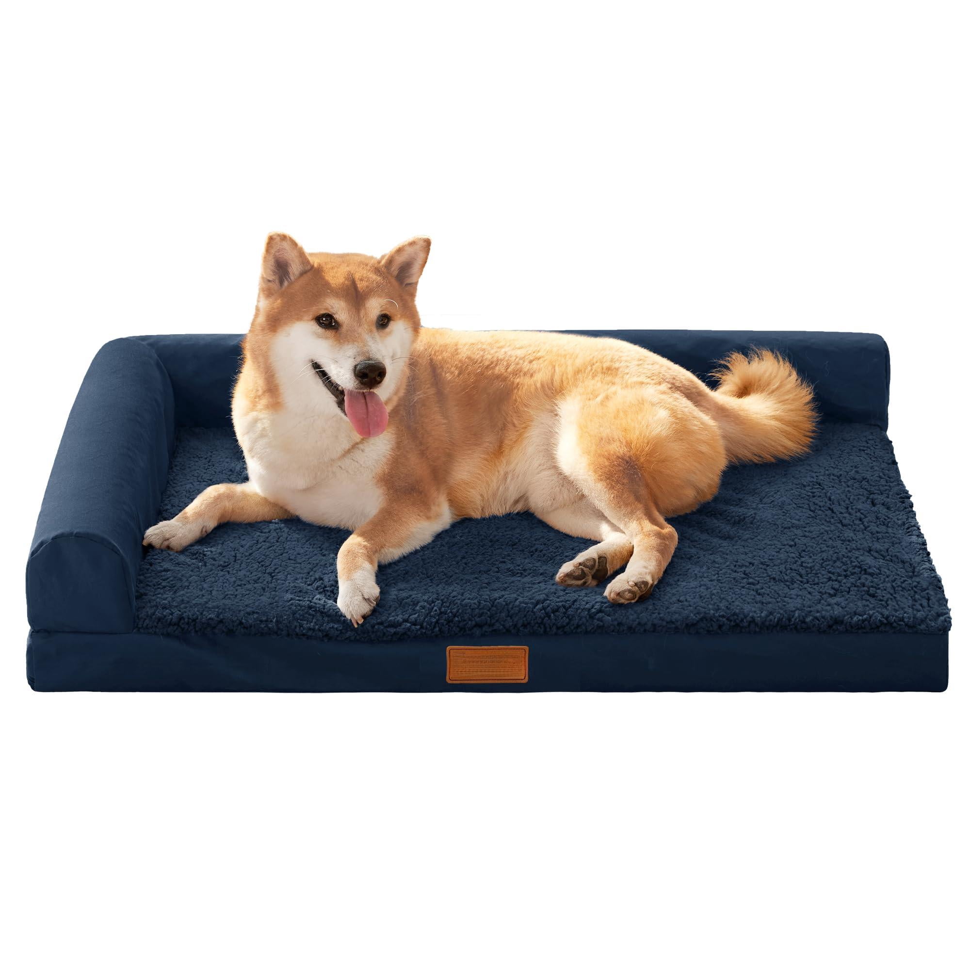 Orthopedic Dog Bed Medium Size 30x20x3.5 Inch Navy Blue, Waterproof L Bolster Pet Sofa