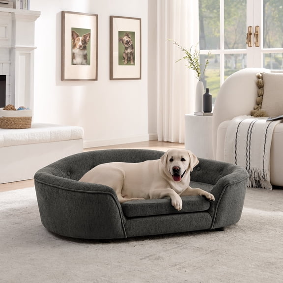 Orthopedic Dog Bed, OVERSIZED Size Oval Semi-Enclosed Dog Sofa - Durable Linen Material, Button-Tufted Backrest, High-Center Low-Sides Support & Plush Comfort-Dark Gray, Dark Gray Dog Bed,Cat Bed