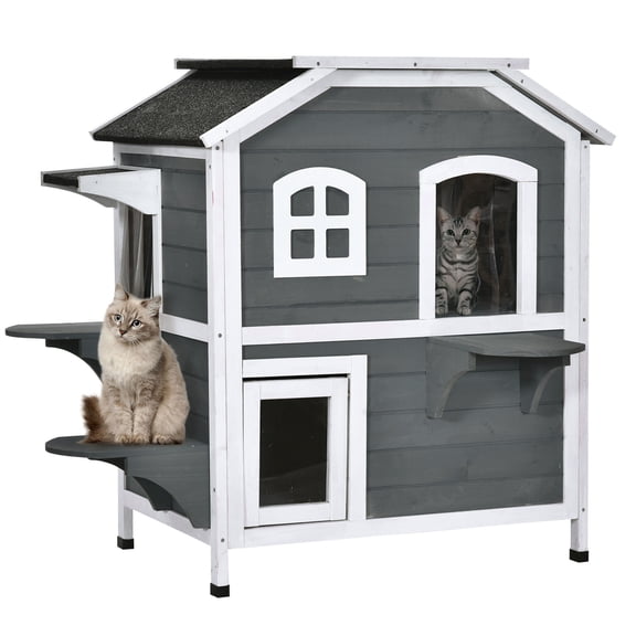 Orthopedic Dog Bed, PawHut 2-story Cat House Outdoor, Weatherproof Wooden Cat Enclosure for Feral Cats with Escape Door, Openable Roof, Jumping Platforms, Gray, Gray Dog Bed,Wood Cat Bed