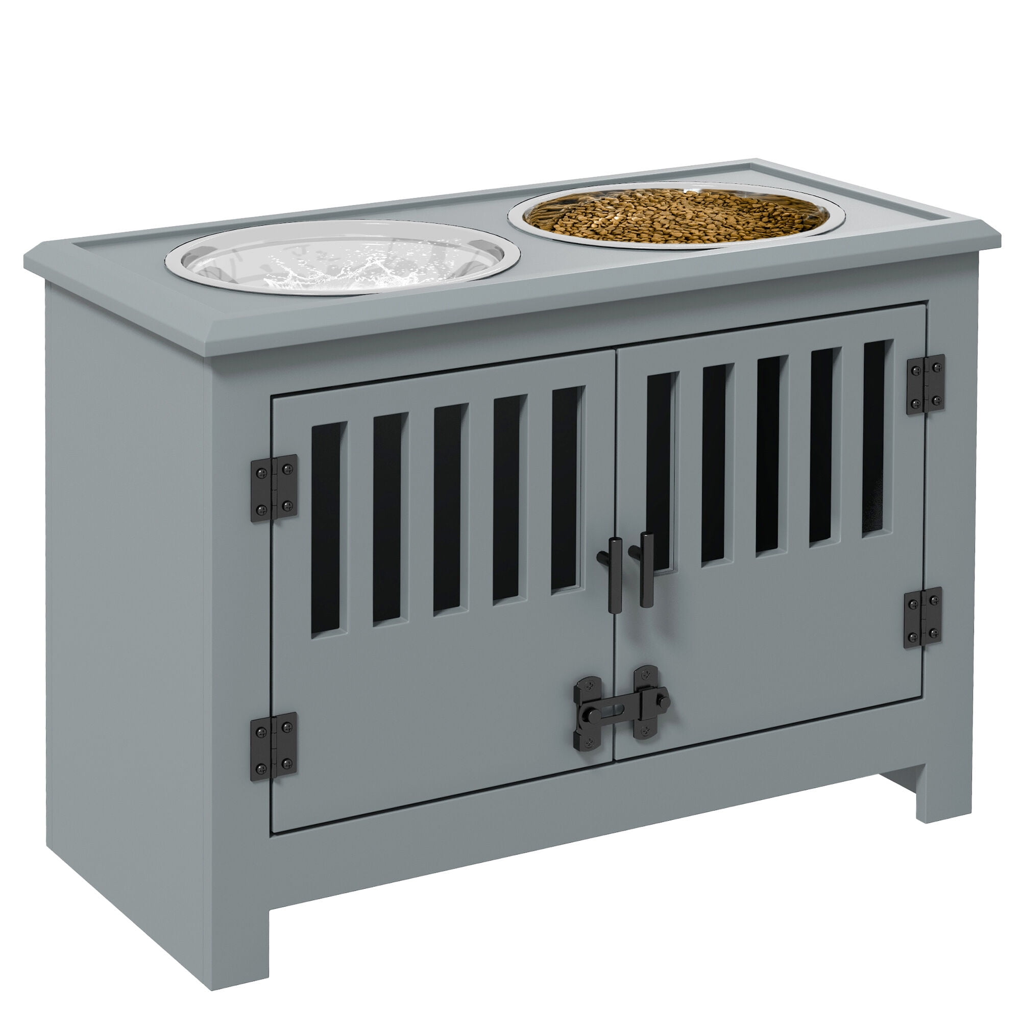 Orthopedic Dog Bed, PawHut Large Elevated Dog Bowls with Storage Cabinet Containing Large 37L Capacity, Raised Dog Bowl Stand Pet Food Bowl Dog Feeding Station, Gray, Gray Dog Bed,Mdf Cat Bed