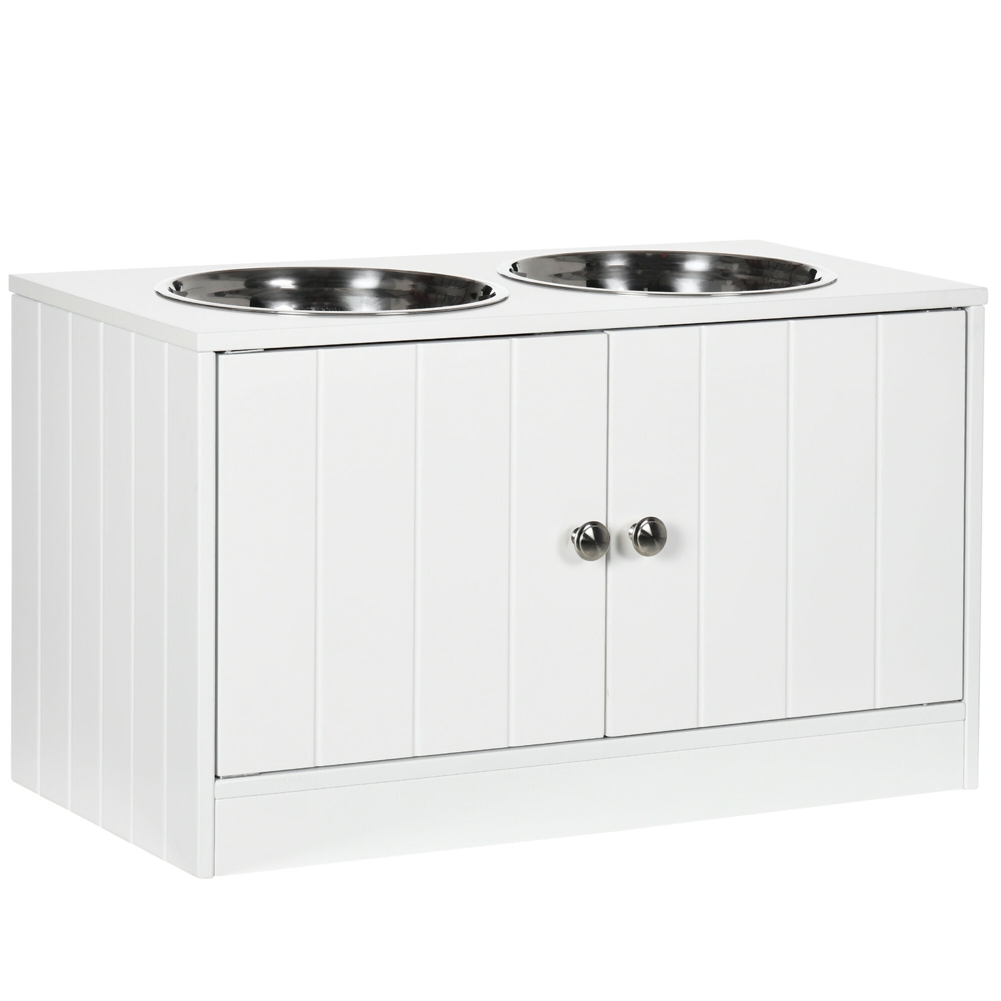 Orthopedic Dog Bed, PawHut Large Elevated Dog Bowls with Storage Cabinet Containing Large 44L Capacity, Raised Dog Bowl Stand Pet Food Bowl Dog Feeding Station, White, White Dog Bed,Steel Cat Bed