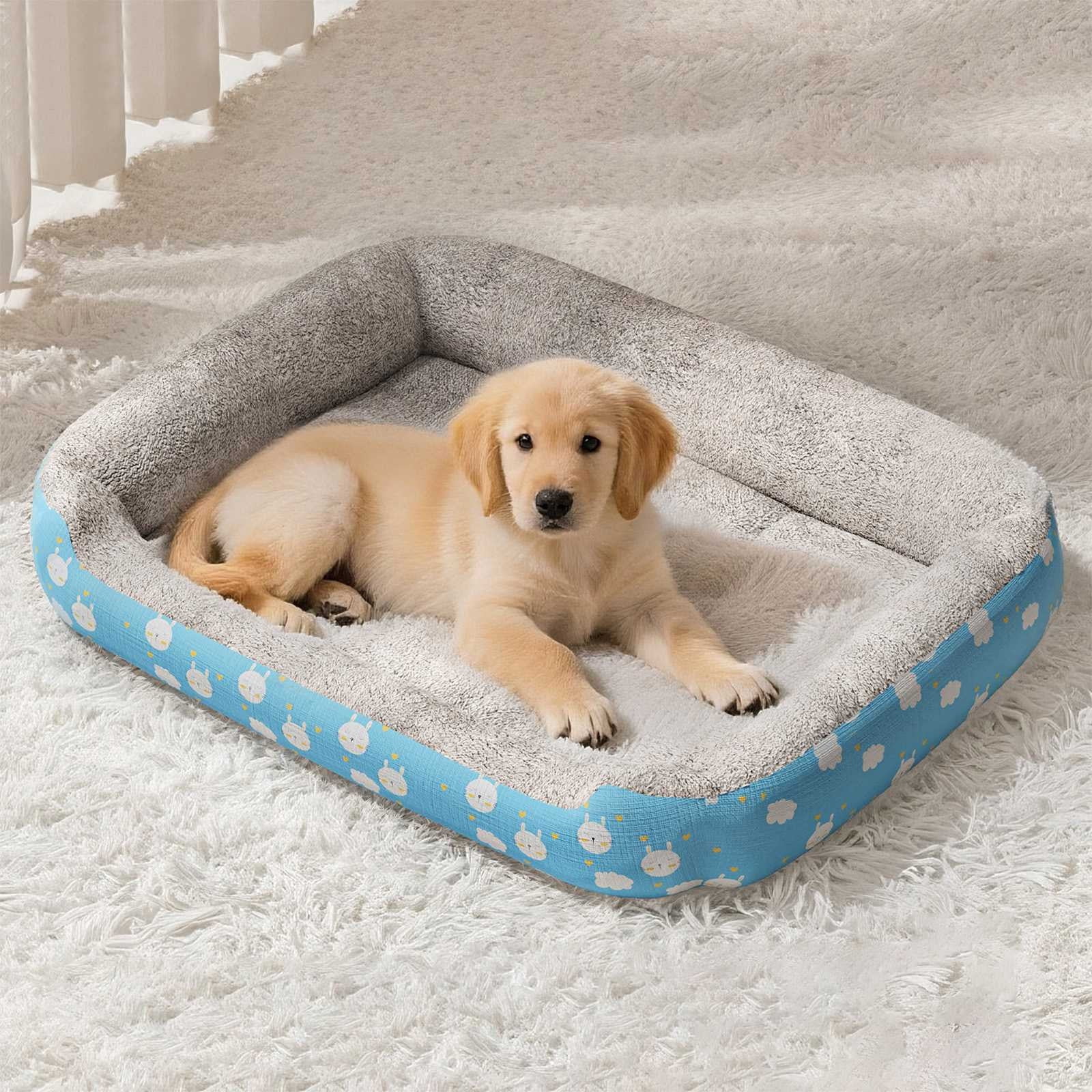 Orthopedic Dog Bed Soft Pet Sofa Mat Washable Crate Pad for Small Medium Dogs Cats Indoor(Blue-L)