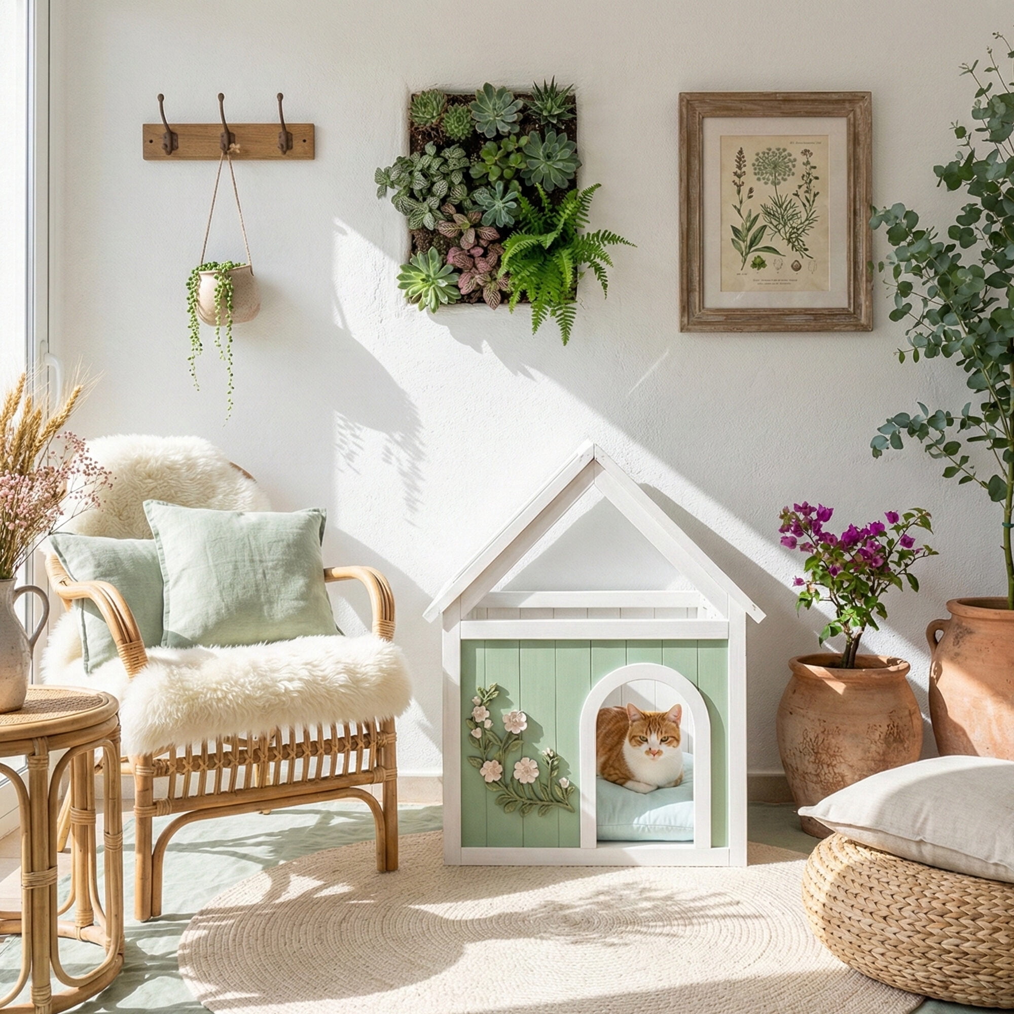 Orthopedic Dog Bed, Transparent Roof Wooden Pet House with Floral Carvings FSC Cedar Indoor Shelter for Cats & Small Dogs 63.5×47.5×77.6 cm, Mint,White Dog Bed,Wood+Plastic Cat Bed