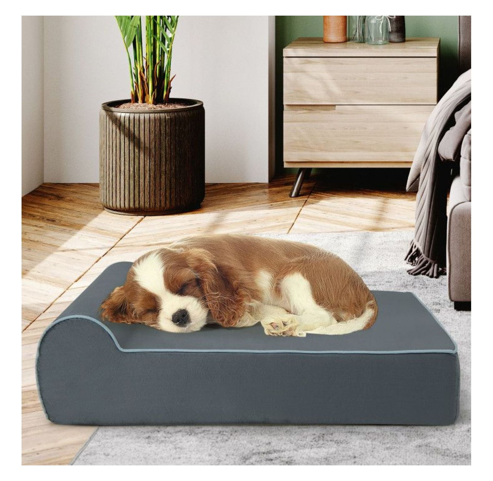 Orthopedic Dog Bed with Headrest - Graphene Memory Foam Large Dog Bed - Removable Washable Cover - Bolster Pillow for Joint Pain Relief & Support