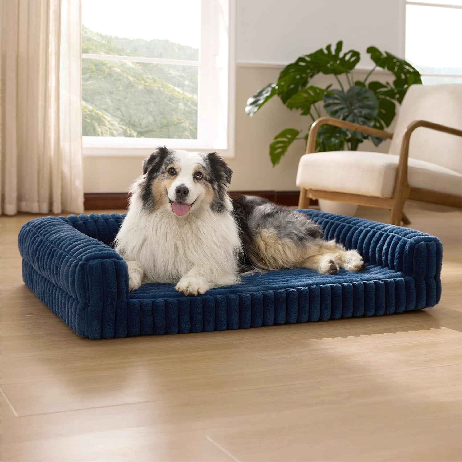 Orthopedic Dog Beds for Extra Large Dogs, Waterproof Memory Foam XL Pet Bed with Sides, Non-Slip and Egg-Crate Foam Big Dog Couch Sofa with Washable Corduroy Cover, Blue