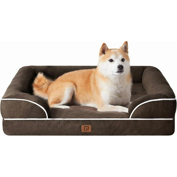 Orthopedic Dog Beds for Large Dogs, Waterproof Memory Foam Large Dog Bed with Sides, Non-Slip Bottom and Egg-Crate Foam Large Dog Couch Bed with Washable Removable Cover,Brown