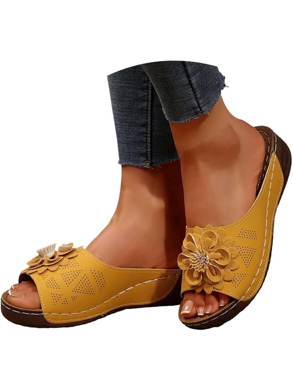 Orthopedic Dress Sandals for Women 2026 Comfortable Flower Sandals Summer Beach Platform PU Leather Wedge Open Toe Sandals Arch Support Slippers Slides