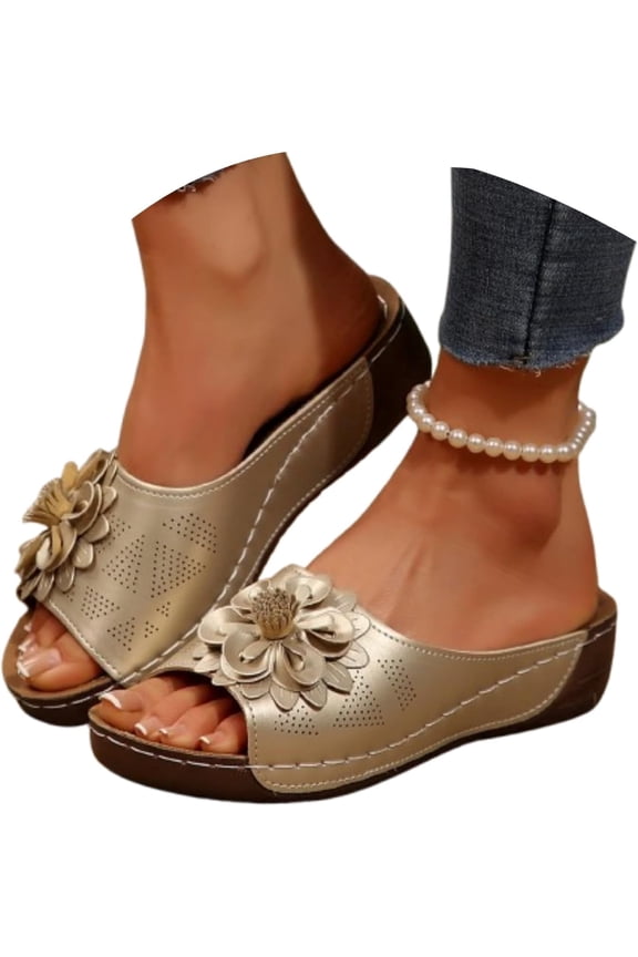 Orthopedic Dress Sandals for Women 2026 Comfortable Flower Sandals Summer Beach Platform PU Leather Wedge Open Toe Sandals Arch Support Slippers Slides