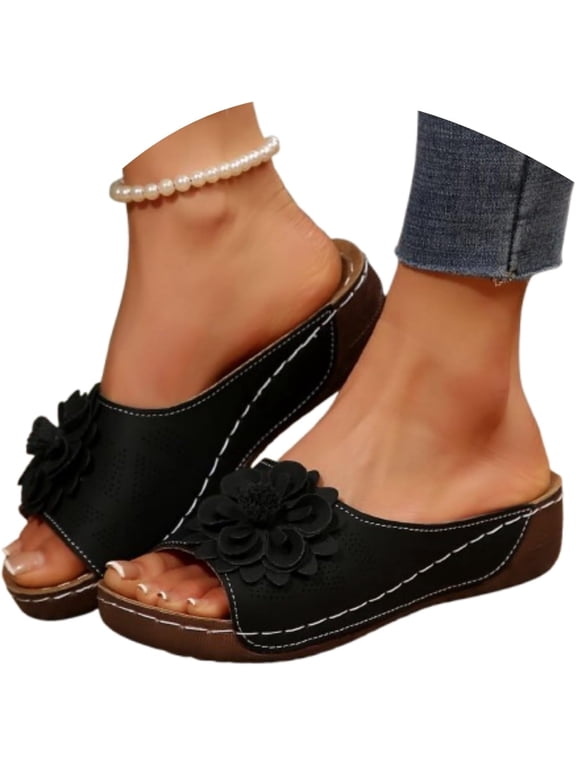 Orthopedic Dress Sandals for Women 2026 Comfortable Flower Sandals Summer Beach Platform PU Leather Wedge Open Toe Sandals Arch Support Slippers Slides