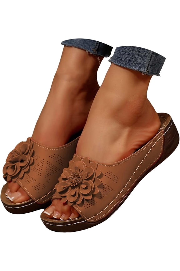 Orthopedic Dress Sandals for Women 2026 Comfortable Flower Sandals Summer Beach Platform PU Leather Wedge Open Toe Sandals Arch Support Slippers Slides
