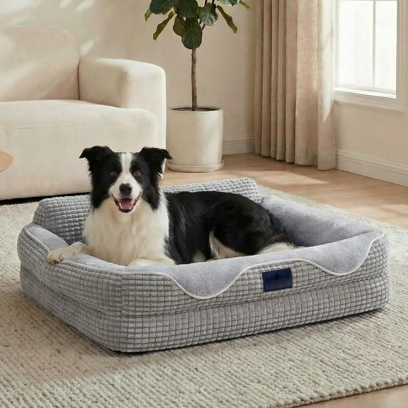 Orthopedic Egg-Crate Foam Dog Bed with Sides, Removable Washable Cover and Waterproof Lining, Light Gray, 36"L x 26"W x 8"H