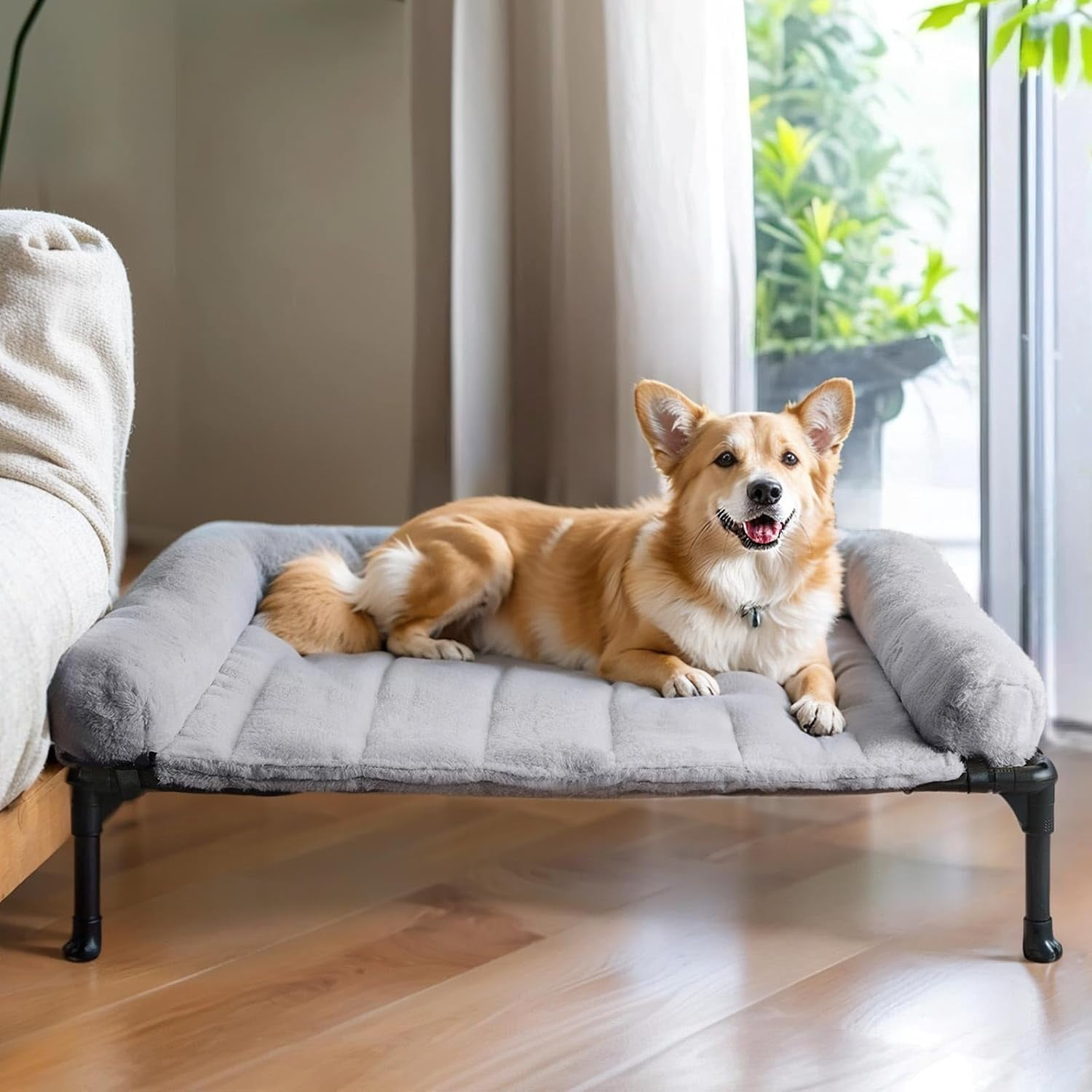 Orthopedic Elevated Dog Bed with Fluffy Plush Bolster Cushion, Indoor Raised Dog Beds for Large Dogs, Soft Pet Sofa Cot with Removable Washable Mat, No-Slip Feet, 32 x 25 inches, Grey