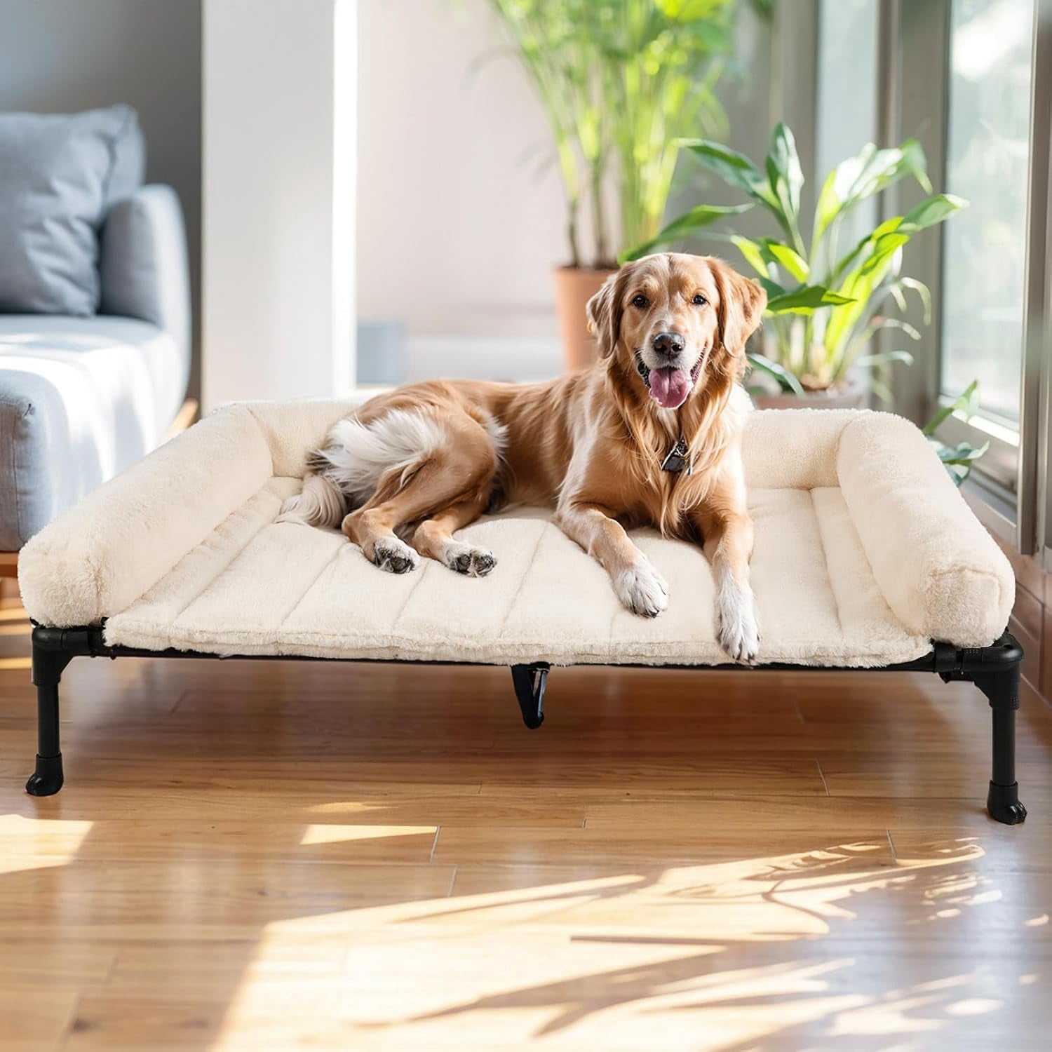 Orthopedic Elevated Dog Bed with Fluffy Plush Bolster Cushion, Indoor Raised Dog Beds for Large Dogs, Soft Pet Sofa Cot with Removable Washable Mat, No-Slip Feet, 49 x 33 inches, Cream White