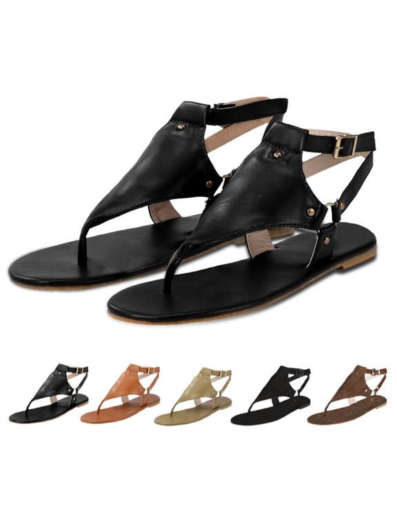 Orthopedic Flat Gladiator Sandals for Women Open Toe Ankle Strap Platform Summer Shoes Beach Dress Comfortable Outdoor Flip Flops Black Size 9.5